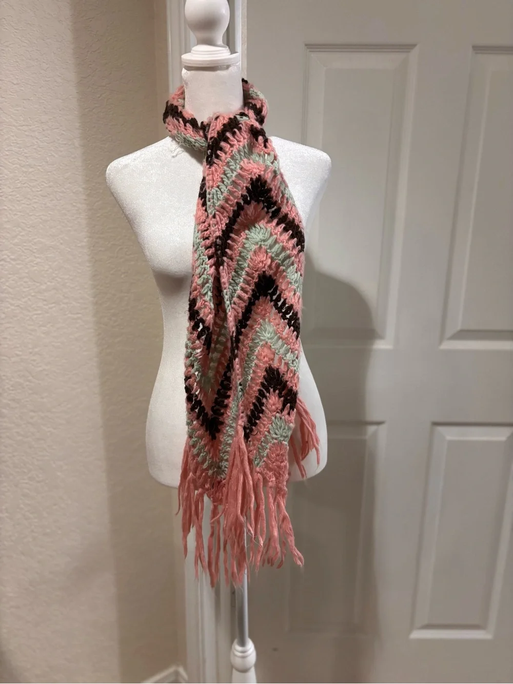 Lucky Brand Pink Chevron Knit Scarf with Mint & Black Accents